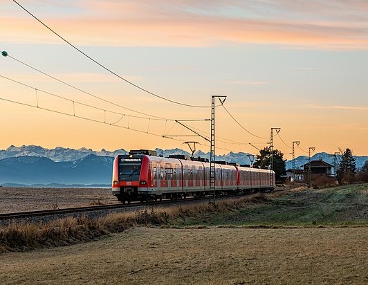 Munich S-Bahn train with Alps in background