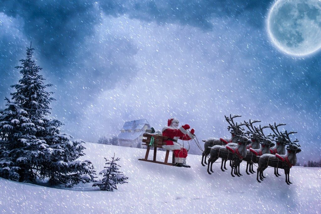 Snowy landscape with Santa and sleigh